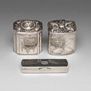 123. A set of three Russianand Dutch 19th century silver boxes.