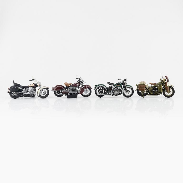 Four die cast model cars and four die cast model motor bikes, Franklin Mint.
