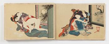 A Shunga album from the Utagawa school, late Edo (1603-1868) or Meiji (1868-1912). 14 paintings on silk.