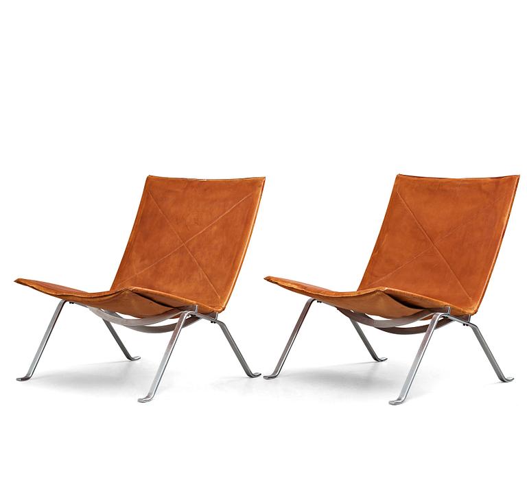 Poul Kjaerholm, a pair of "PK-22" steel and brown leather easy chairs, edition E Kold Christensten, Denmark 1960's.