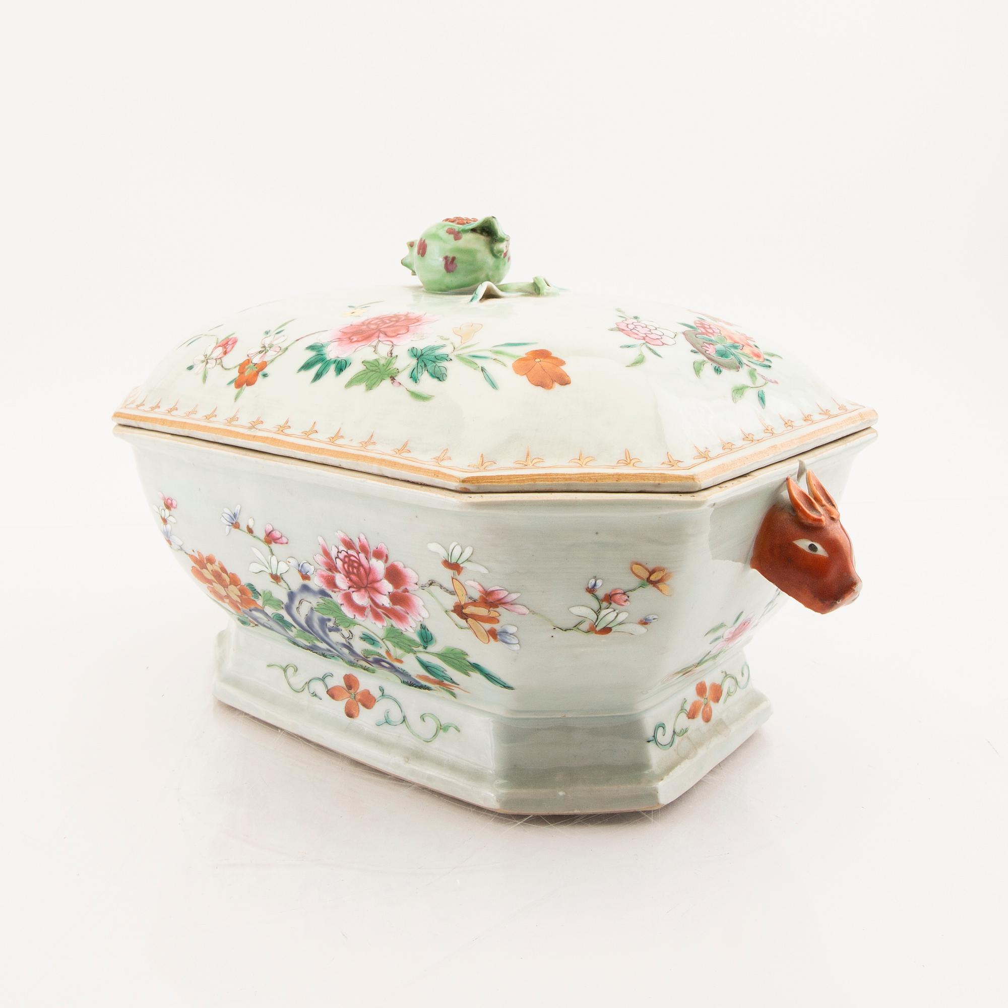 A Chinese famille rose tureen with cover and plate later part of the 18th century.