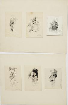 Carl Larsson,  6 drawings, signed C.L, Indian ink and hightening white mounted on cardboard.