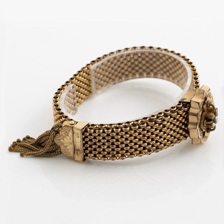 Bracelet and pendant/brooch, gilded possibly silver, with pearls 19th century.