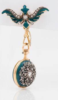 A ladies watch that can be worn as a brooch. Enamel set with diamonds. Cylinder escapement. Circa 1890-1900.