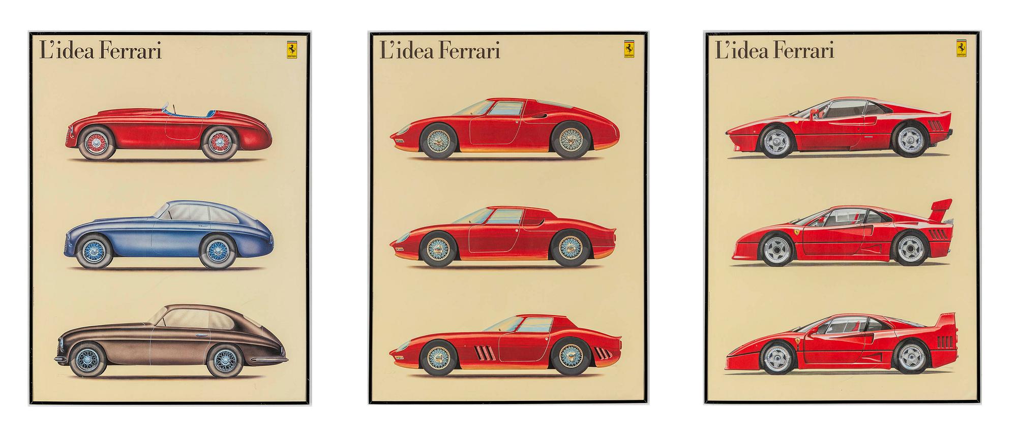 Three posters, 'L'idea Ferrari'.