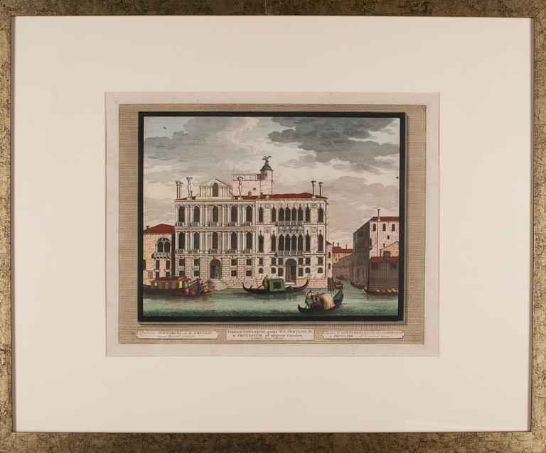 KOPPARSTICK, 6 st, handkolorerade, Venedig, 1700-tal.