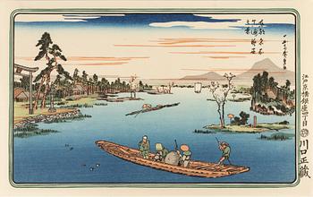 Ando Hiroshige, after, three woodblock prints in colours, reprints, second half of the 20th Century.