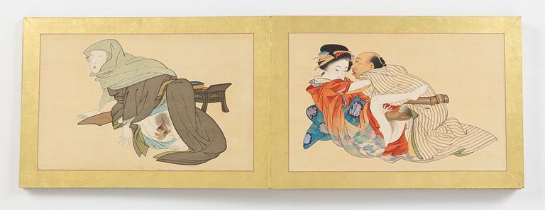 A Japanese Shunga album, ink an colour on silk, Japan, Meiji period (1868-1912).