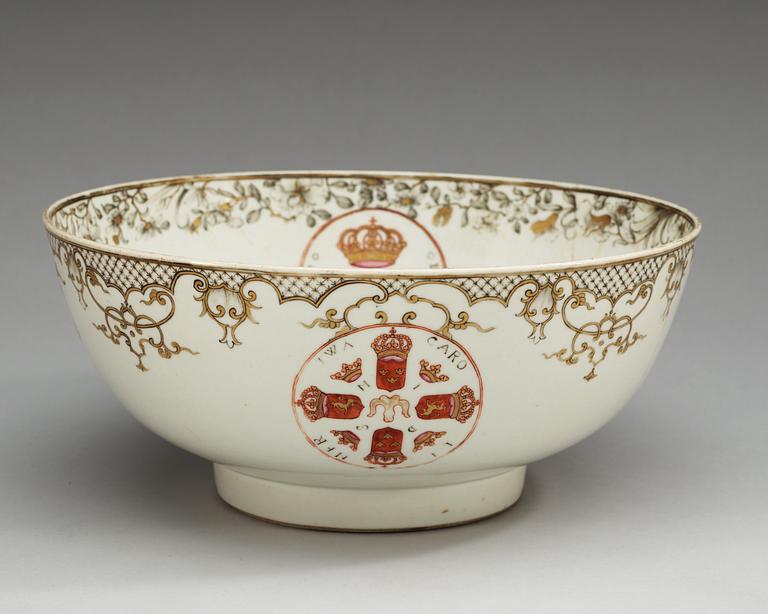 A rare grisaille armorial punch bowl, Qing dynasty, Yongzheng, 1730's.