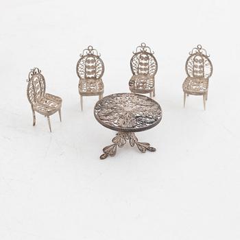 Table decoration, furniture group 9 pieces, filigree work, silver, mid-20th century.