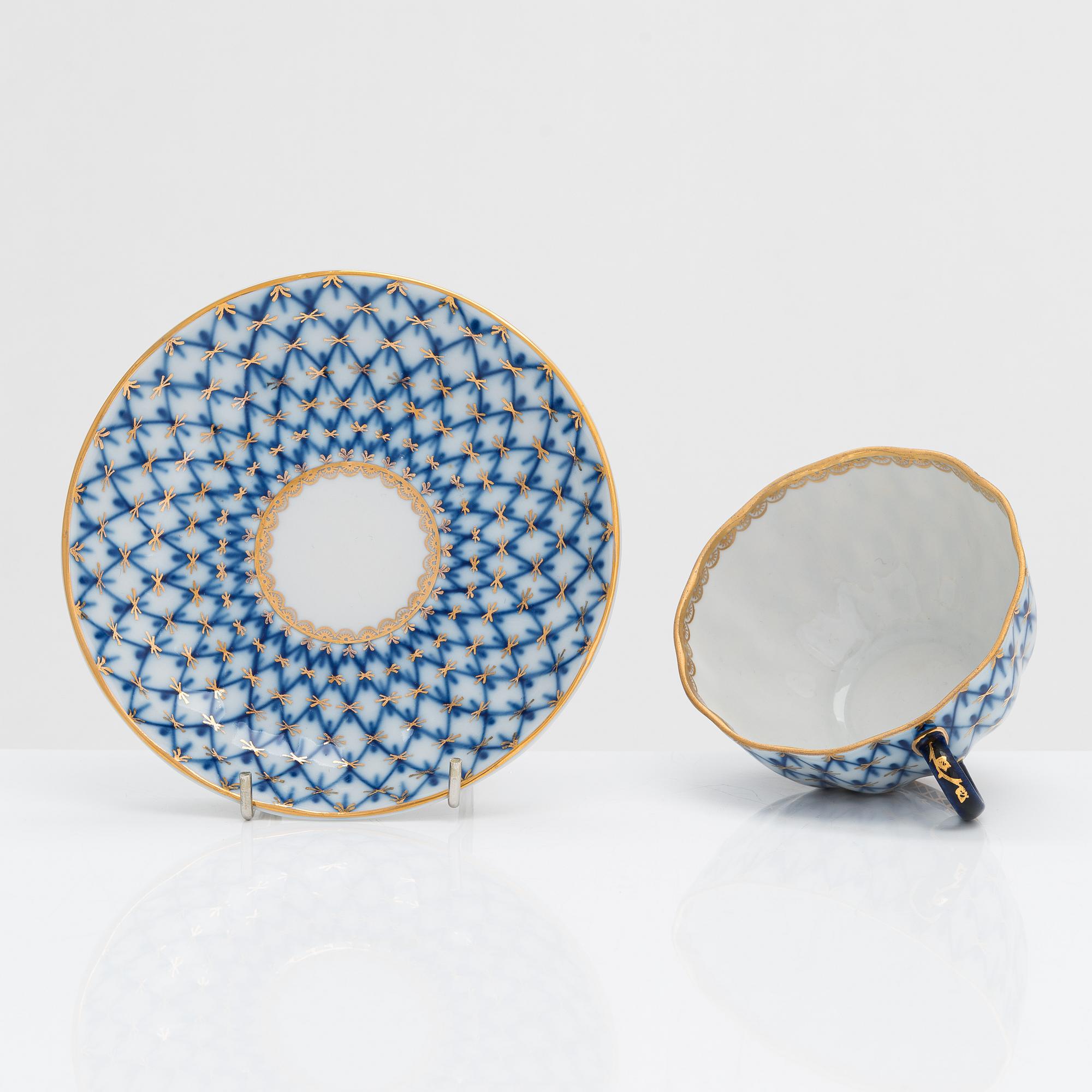 Teservis, 9 dlr, porslin, "Cobalt net", Lomonosov, Sovjetunionen.