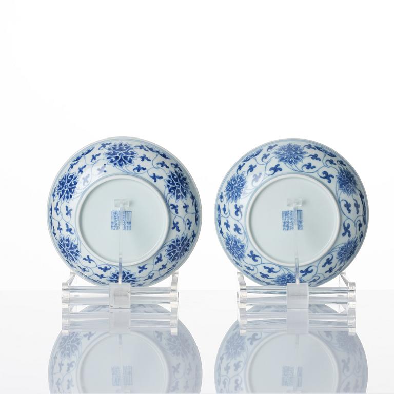 A set of nine blue and white lotus dishes, Qing dynasty with Daoguang seal mark.