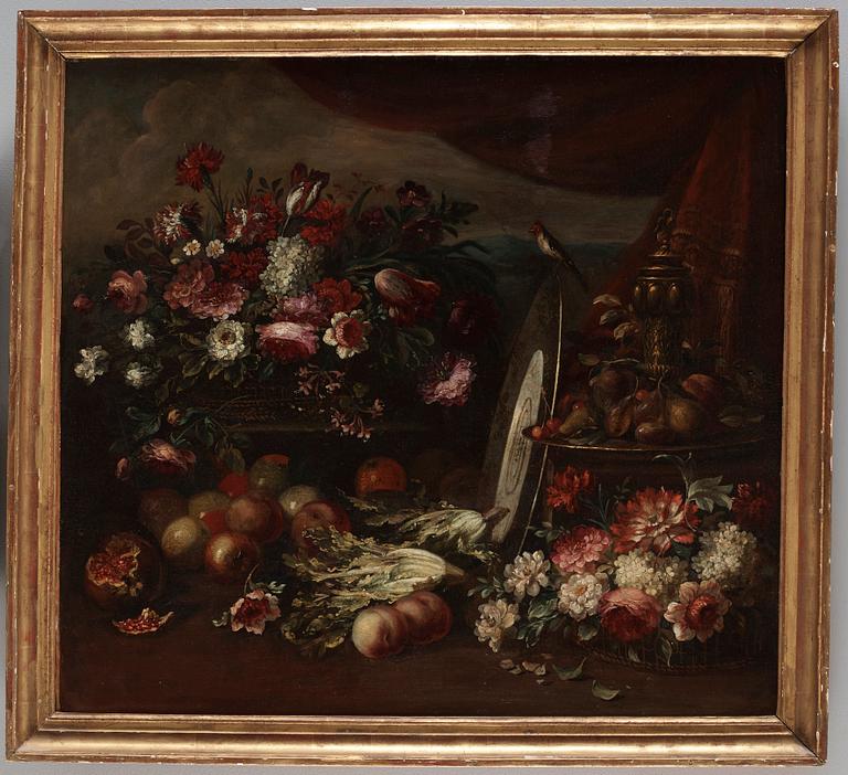 Italian school, 18th Century. Still life with flowers, fruits, trophy and a silver platter with a sitting bird.