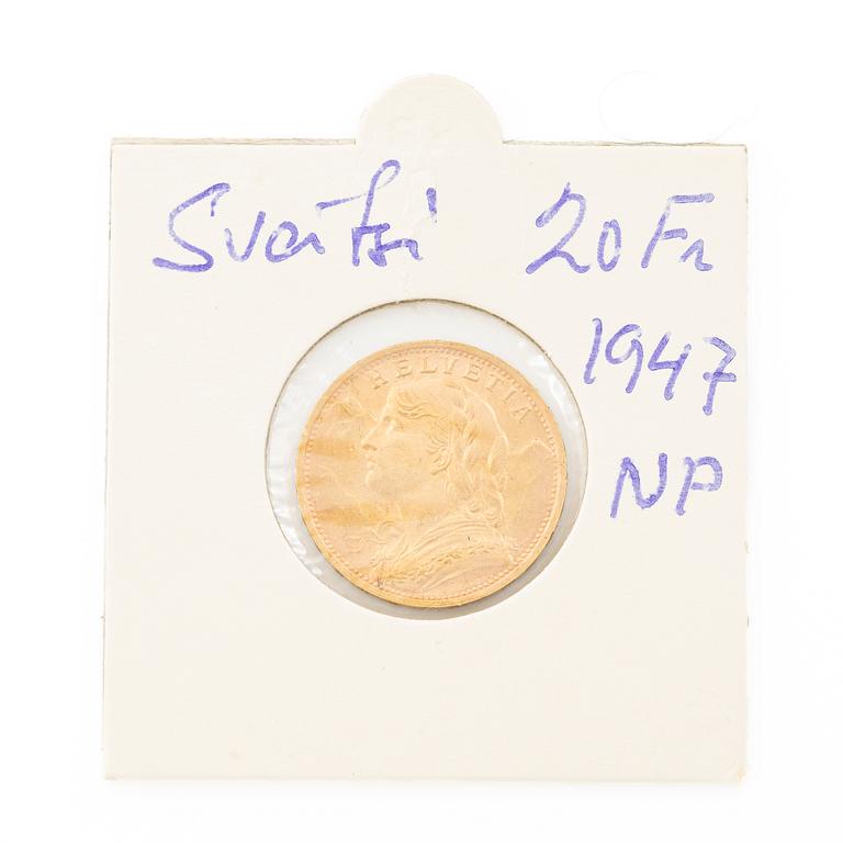 Gold coin, Switzerland, 20 Franc, 1947.