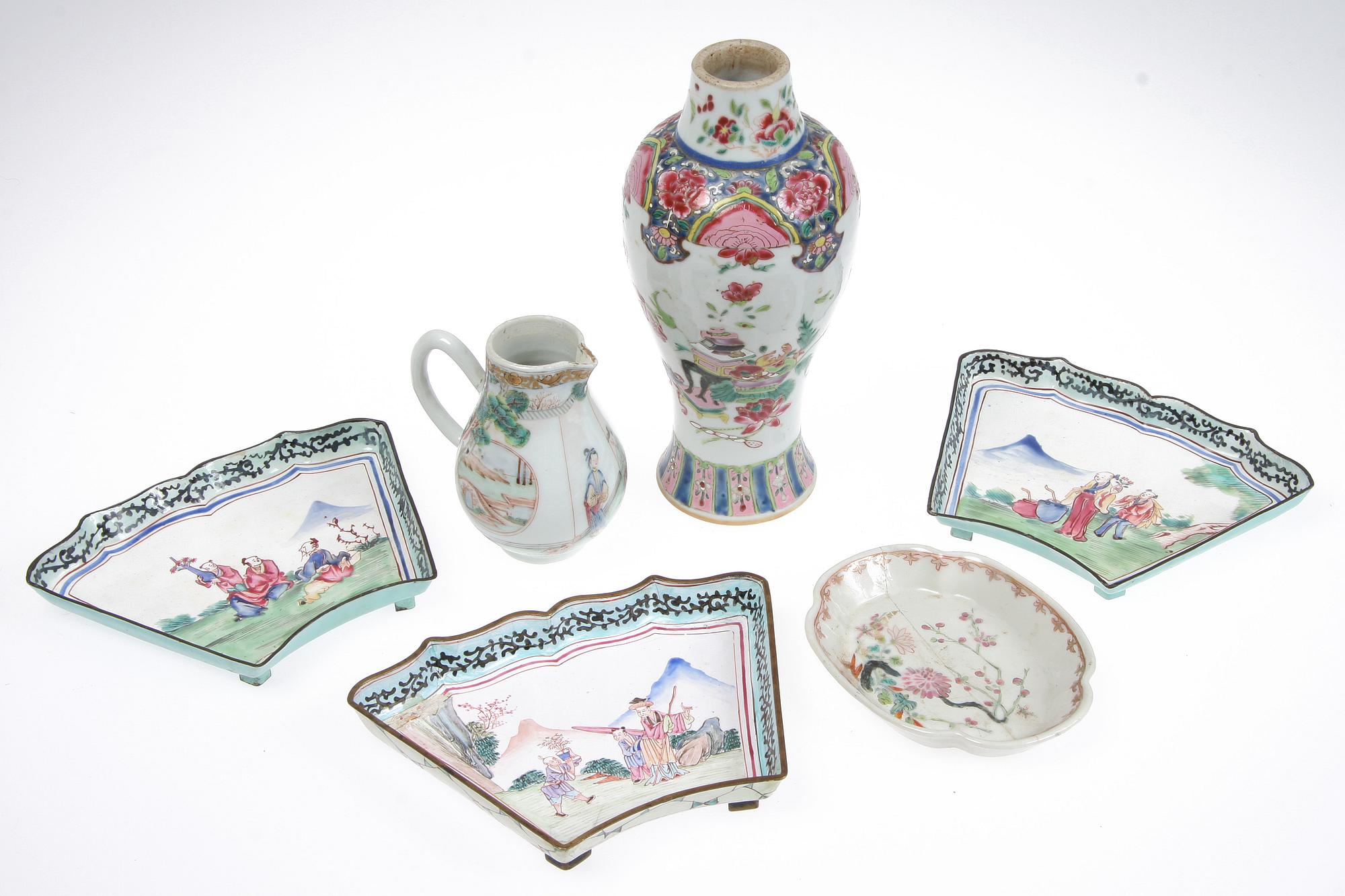 PARTI PORSLIN och EMALJ, 6 delar, Kina, 1800-tal.