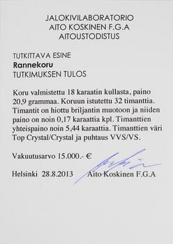 RANNEKORU, 18K kultaa. Briljanttihiottuja timantteja yhteensä 5.44 ct. I-J/vvs-vs. Pituus 18,5 cm. Paino 21 g.