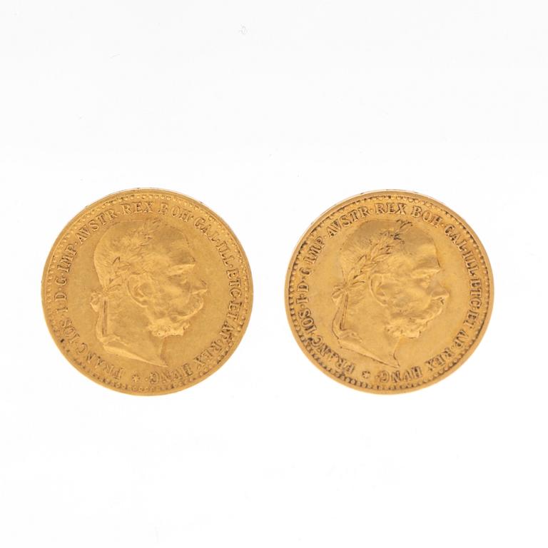 Coins 2 pcs 10 Crowns gold, Austria-Hungary 1897 and 1906.