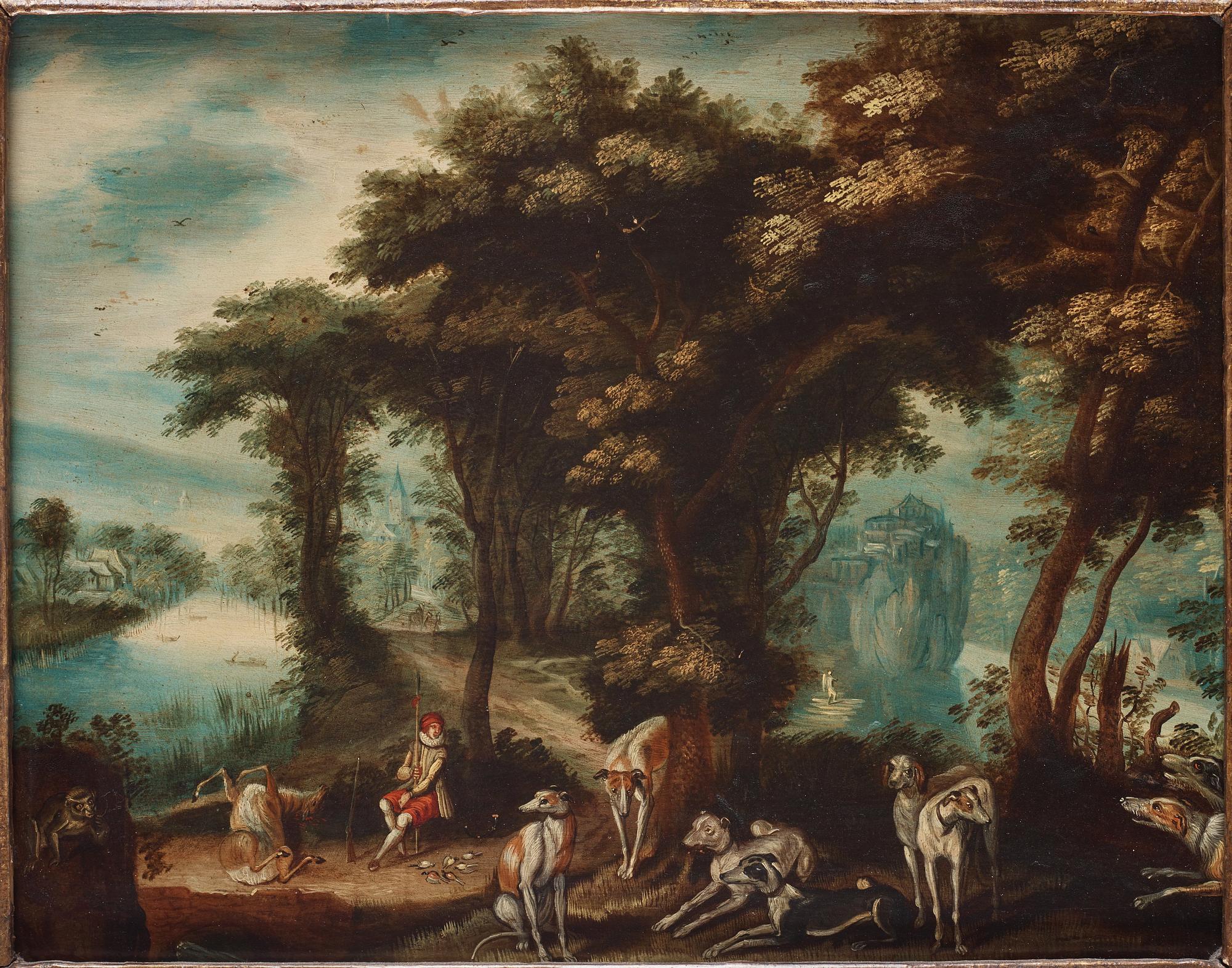 Sebastiaen Vrancx Attributed to, Landscape with hunter and dogs.