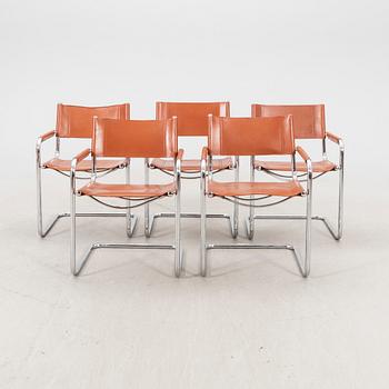 A set of five Italien chrome and leather armchairs alter part of the 20th century.