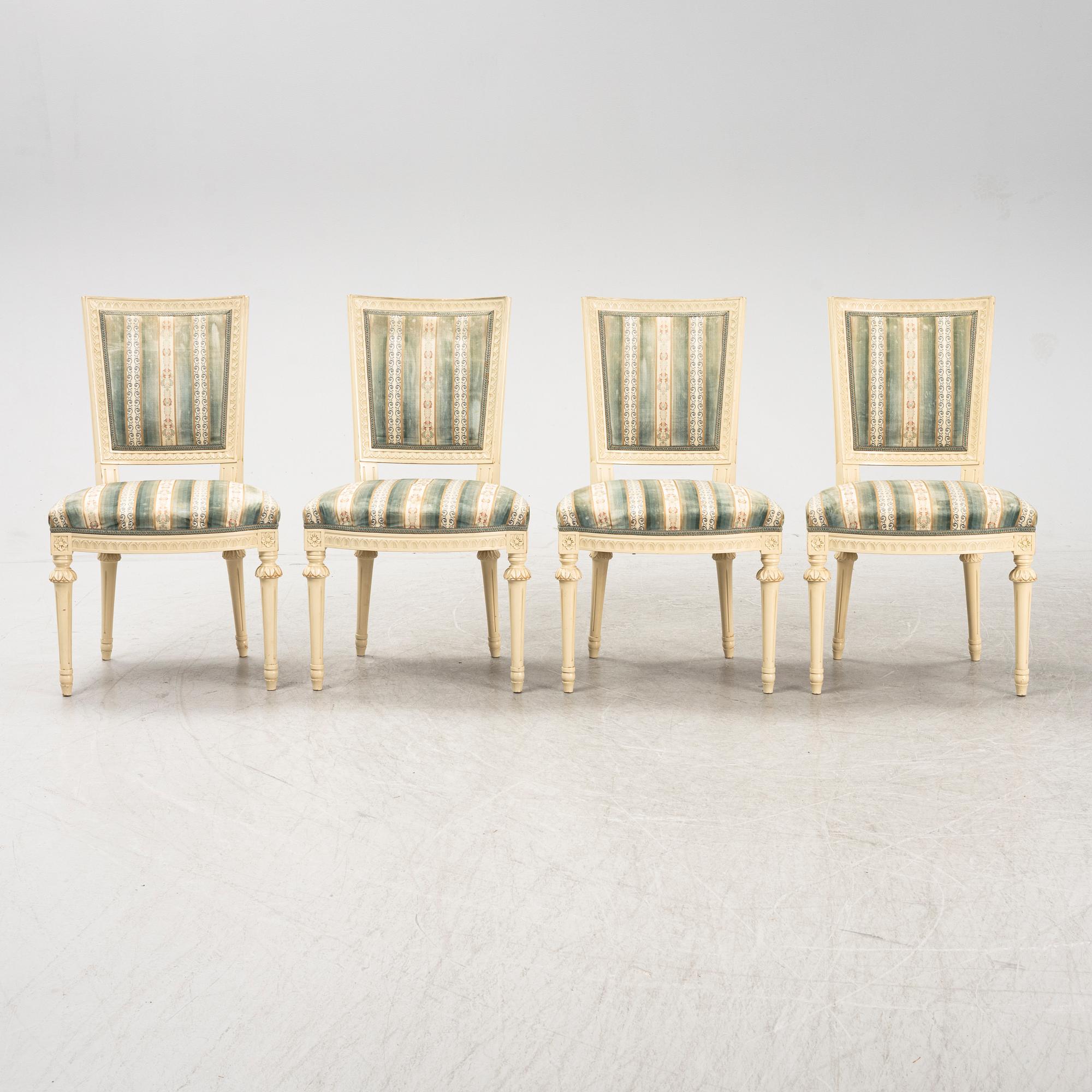 Stolar, 4 st, gustaviansk stil, Åmells Möbler, daterade 1974.