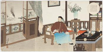 Toshikata Mizuno, a woodblock print triptych in colours, late 19th Century.