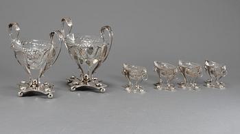 BORDSGARNITYR, 6 delar, silver och glas, Mogens Klarschow, Köpenhamn, 1821.