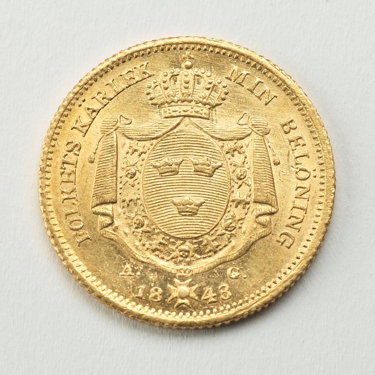 A gold 2 ducat coin Karl XIV Johan of Sweden, 1843.