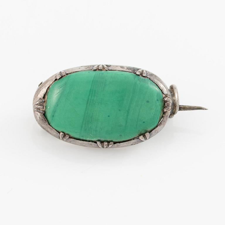 Brooch silver with malachite, antique.