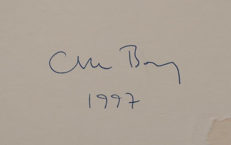 OLLE BORG, oljeglasyr på kritgrunderad duk, med tillhörande bronsskena, sign o dat 1997.