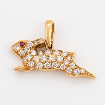 Brilliant-cut diamond, ruby rabbit pendant.