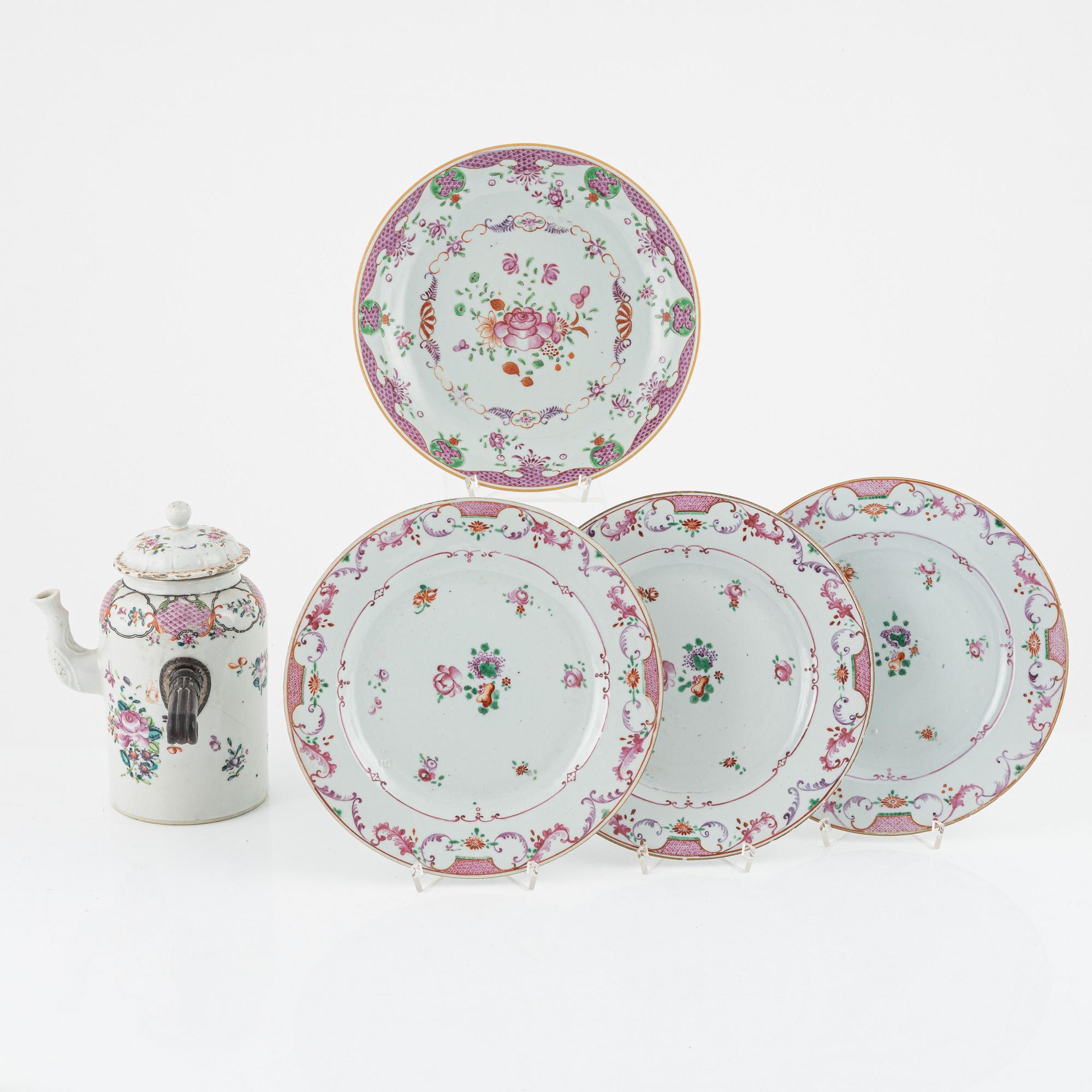 Kaffekanna samt tallrikar, 4 st, porslin, Kina, Qianlong (1736-95).