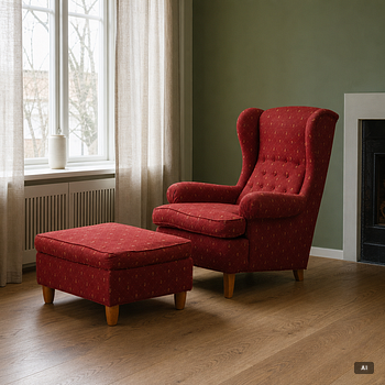 Carl Malmsten, a 'Häggbom' armchair with a 'Jättepaddan' ottoman, AB OH Sjögren, Tranås.
