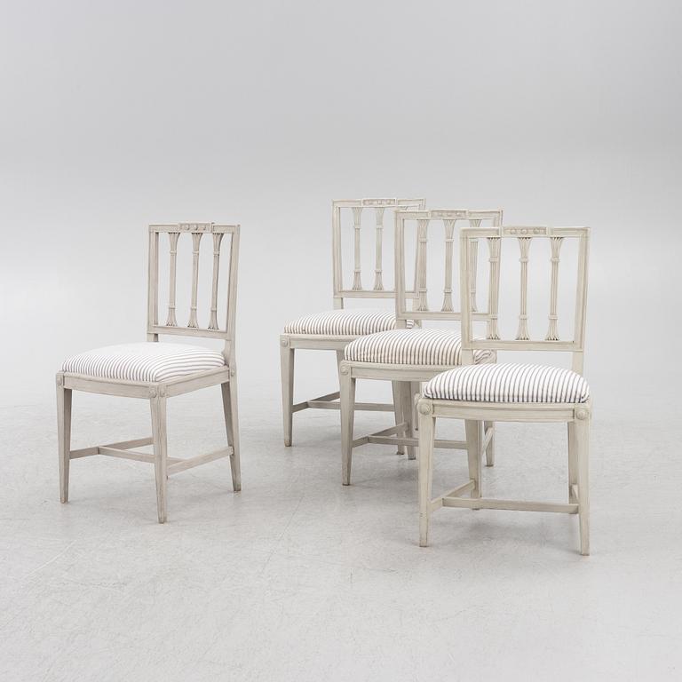 Stolar, 3 st, sengustavianska, omkring 1800. Samt en stol, sengustaviansk stil, 1900-tal.