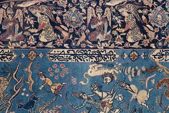 A CARPET, an antique/semi-antique Tabriz part silk figural, ca 345-346 x 217,5-232 cm.