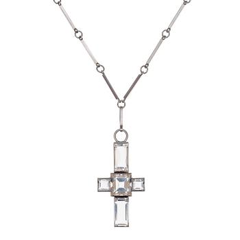 A Wiwen Nilsson sterling and rock crystal pendant with chain, Lund 1941.