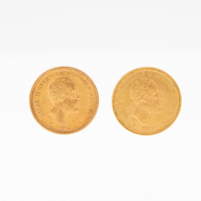 Gold coins 2 pcs 10kr Oscar II, Sweden and Norway 1874.