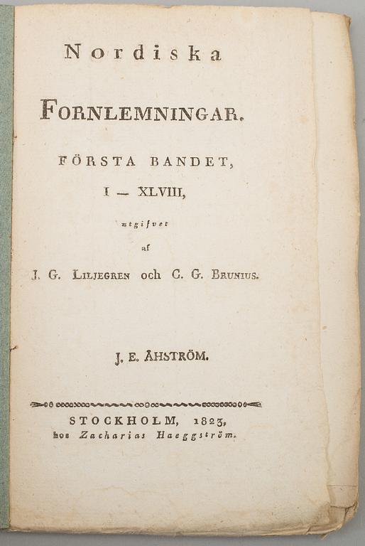 A book, J. G. Liljegren / C. G. Brunius: Nordiska fornlemningar. 1-2.