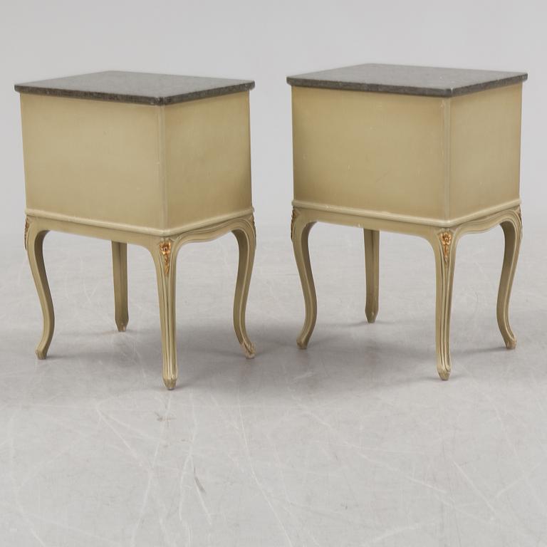 A mid 20th century Rococo style dressing table, a pair of bedside tables and one stool.