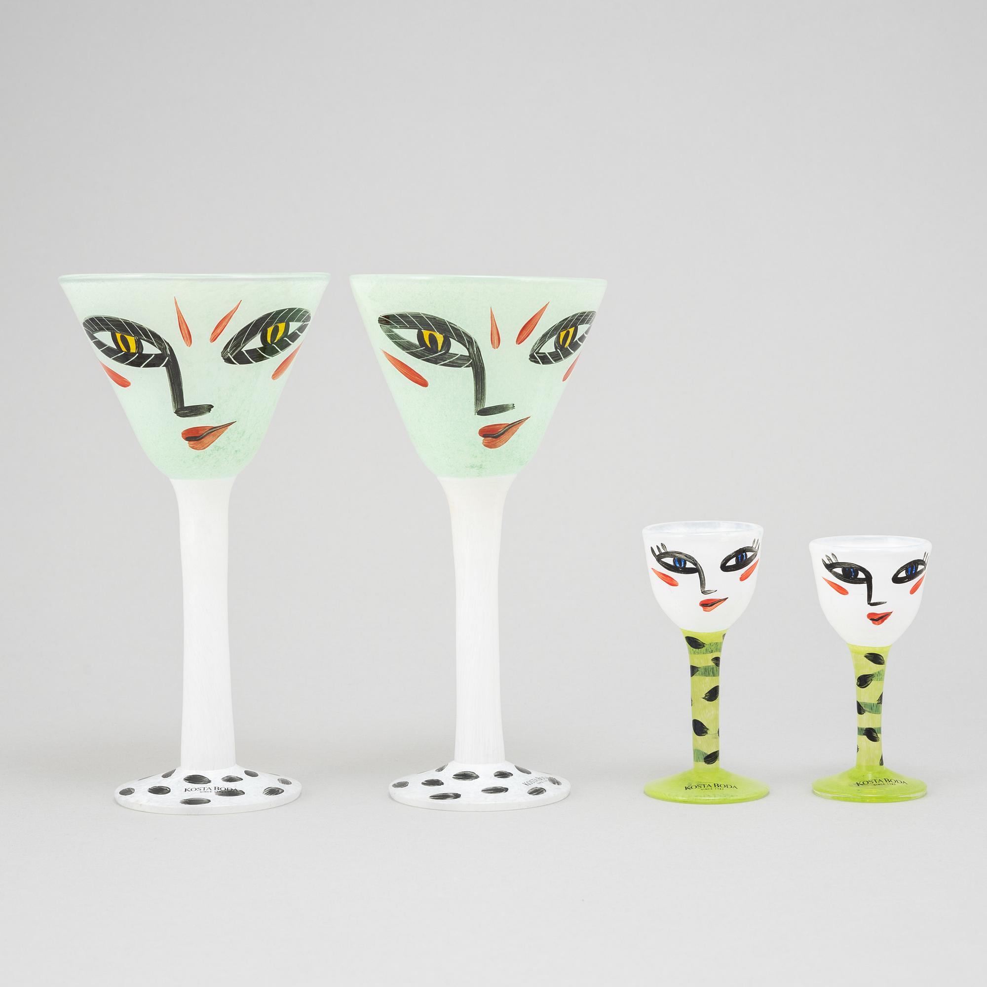 Ulrica Hydman-Vallien, vas, pokal, samt 6 glas, Kosta Boda, signerade.