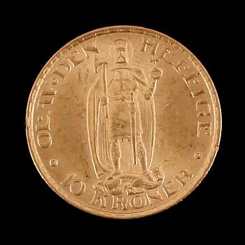 GULDMYNT, 10 kroner, Haakon VII, Norge, 1910.  Vikt ca 4 gram.