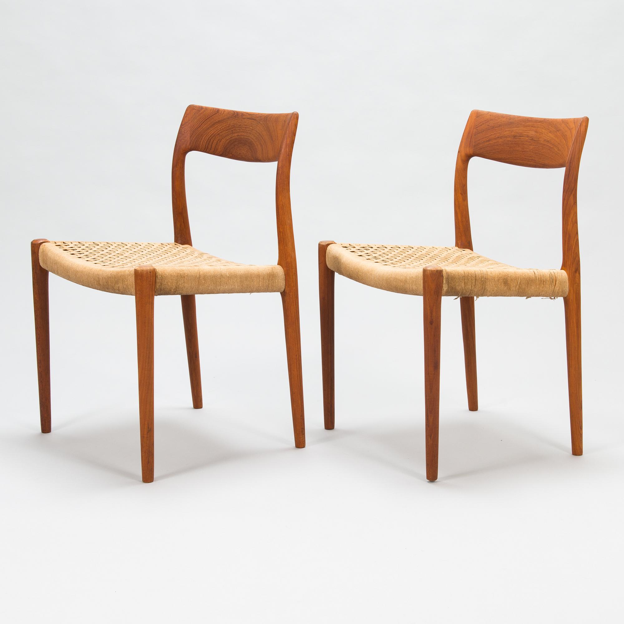 Niels Otto Møller, stolar, 6 st, modell 77, J.L. Møllers Møbelfabrik, Danmark, 1960-tal.