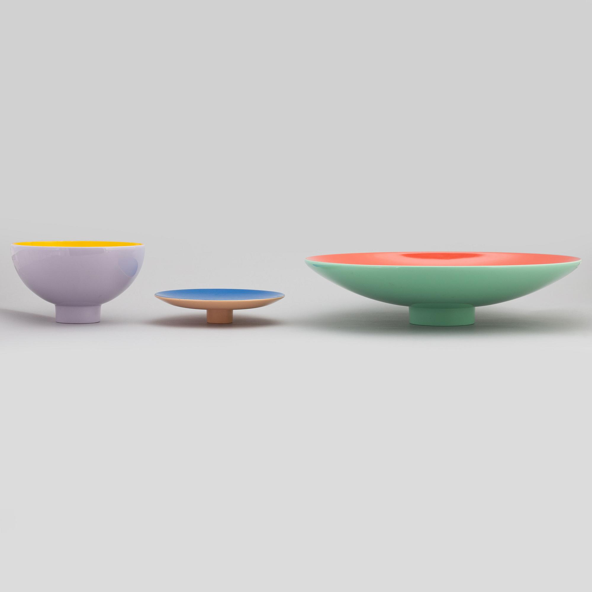 Alessandro Mendini, a 'Cuculi' bowl and two dishes, Zanotta, Italy, 1980's.