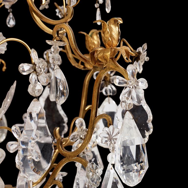 A French Louis XV-style six-branch gilt-bronze, rock crystal and amethyst chandelier, 19th century.