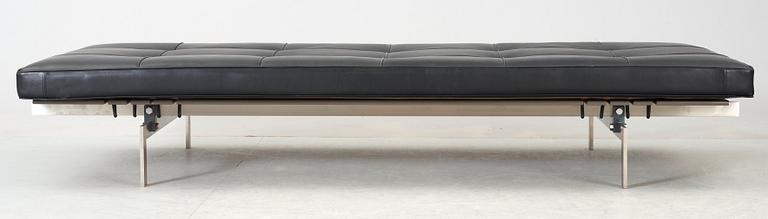 A Poul Kjaerholm 'PK-80' steel and black leather daybed by Fritz Hansen, Denmark 2005, maker's mark in the steel.