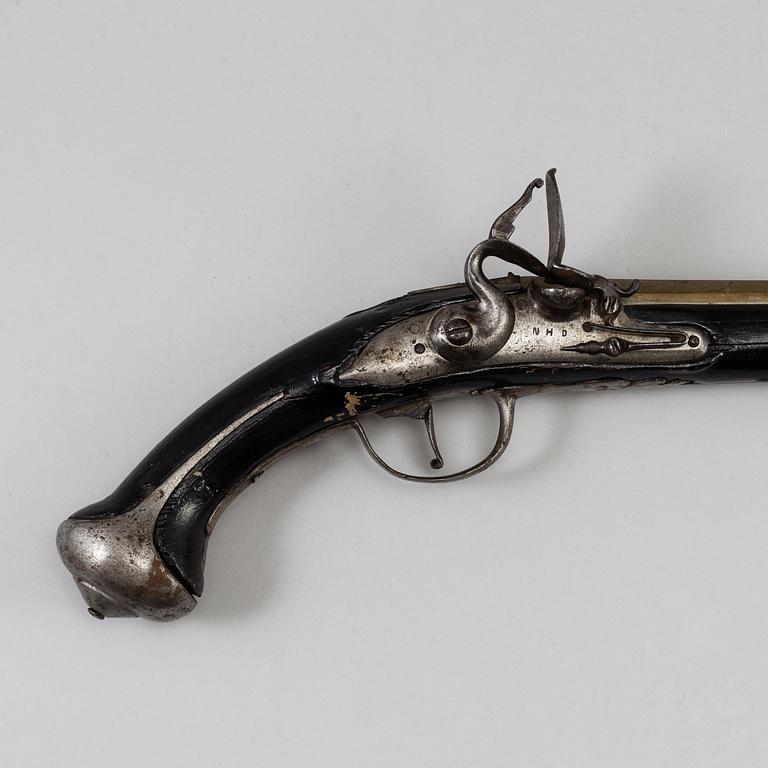 One flint lock postol, late 18th ct, and one percussion pistol, 19th ct.