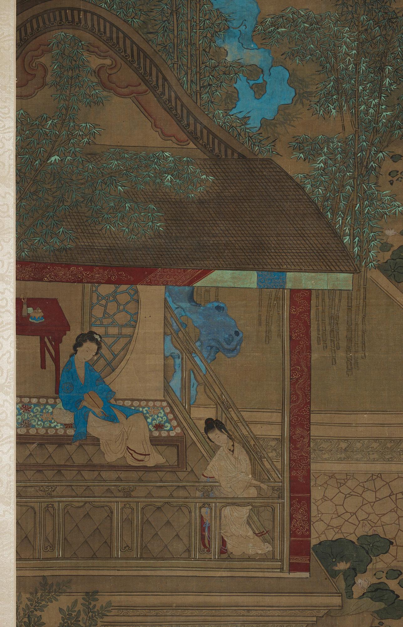 RULLMÅLNING, motiv med palatsdamer och tjänare i en trädgård, Qingdynastin, 1800-tal.