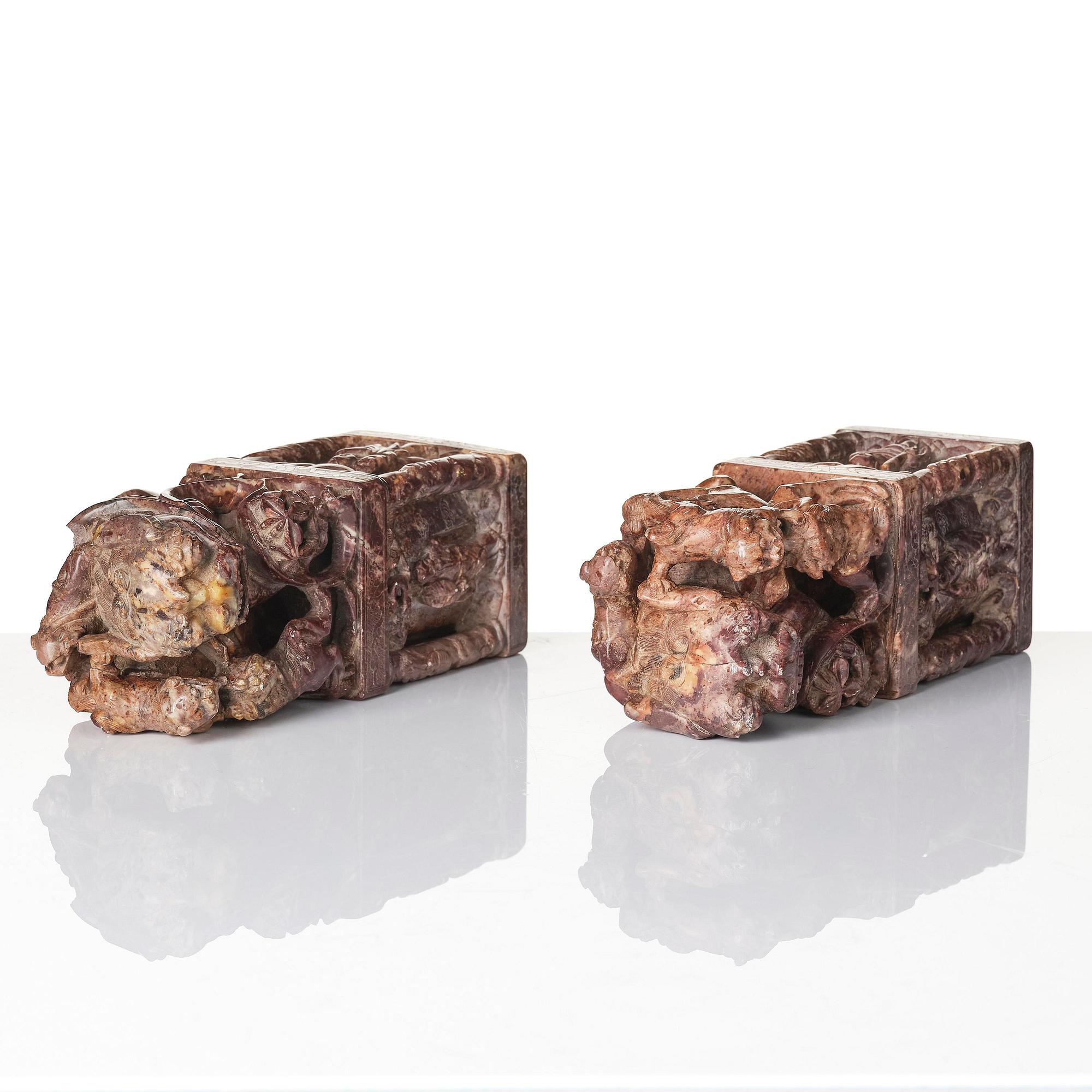 A pair of large soapstone seal stamps, late Qing dynasty/circa 1900.