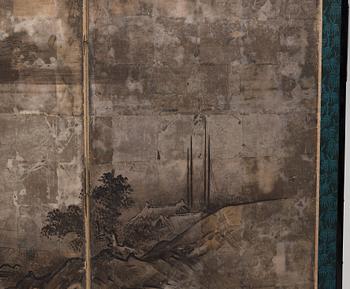 VIKSKÄRM, akvarell och tusch på papper. Japan, Meiji (1868-1912).