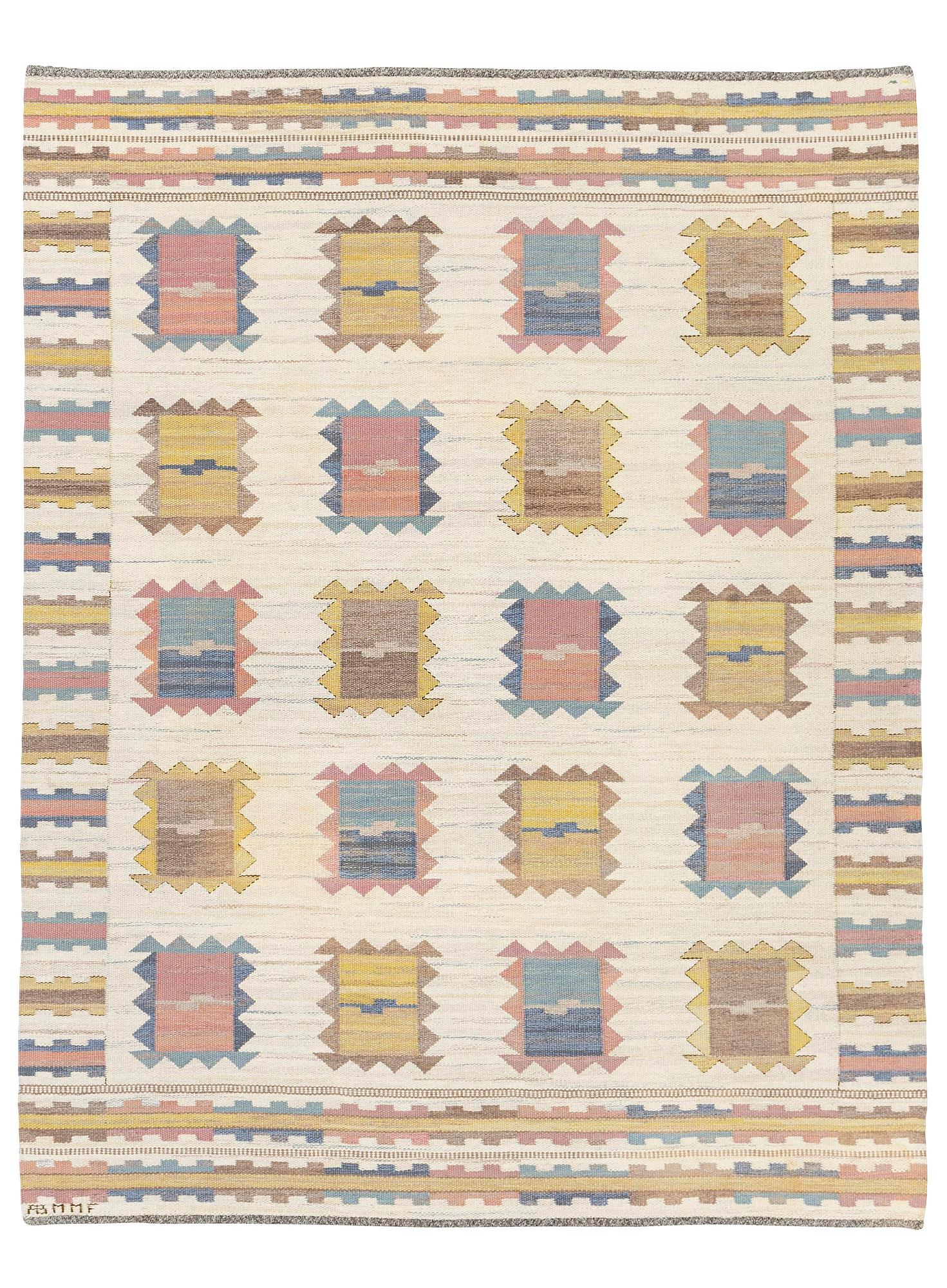 Märta Måås-Fjetterström, a carpet, 'Ljusa plador', flat weave, c. 257 x 203 cm, signed AB MMF.