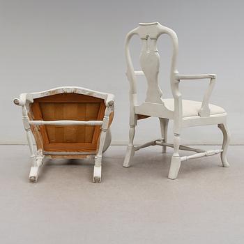 STOLAR 6 st och KARMSTOLAR 2 st, rokokostil, 1900-talets första hälft.